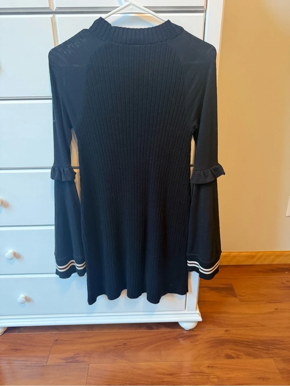 Free People Zou Bisou Black Ribbed Knit Bell Sleeve Sweater Dress